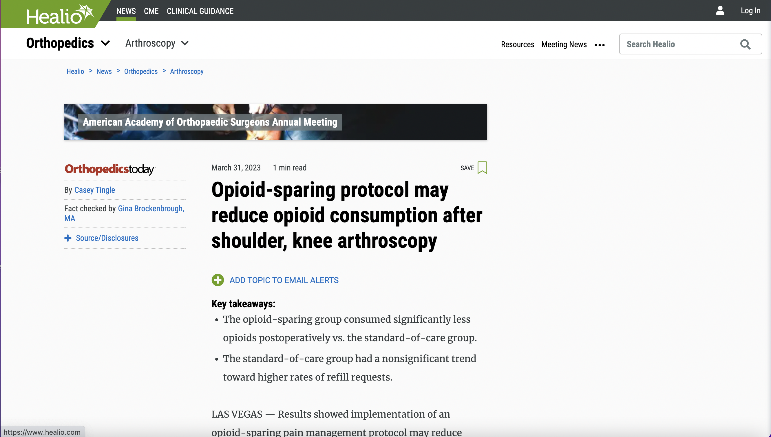 Dr. Nolan Horner Featured In Press: “Opioid-sparing protocol may reduce opioid consumption after shoulder, knee arthroscopy”